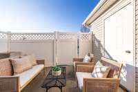 Private patio with storage.