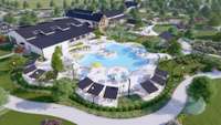 Artist's rendering of Resort Style Pool with cabanas, and park areas. Note the Tennessee State Flag Tri-Star Logo & guitar-shaped park just beyond the pool, near the Amphitheater.