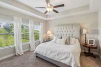 Primary Suite is on the main level with bright triple windows and a treyed ceiling.