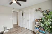 Bedroom #2 has a regular closet, laminate floor and ceiling fan!