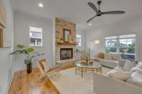 Gas logs, masonry fireplace, and shiplap
