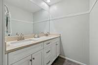The upstairs bathroom features a double vanity with plenty of counter space, making it ideal for shared use. 2640 Chesterfield Ct. Murfreesboro, TN 37129