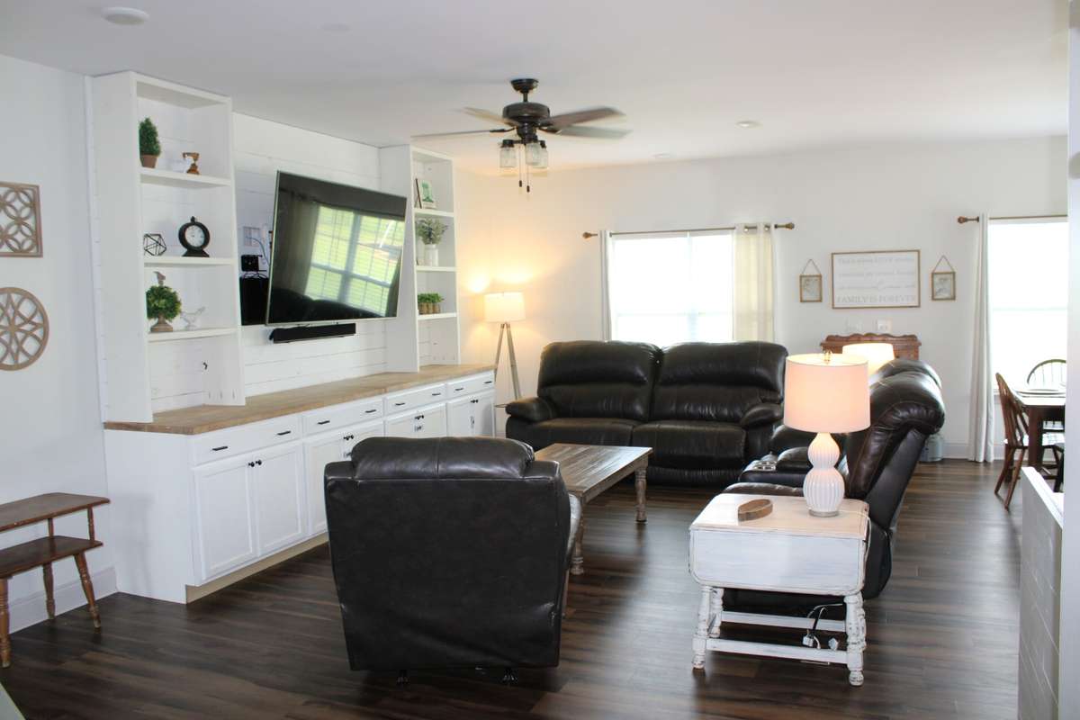 Greatroom with storage and bookcases