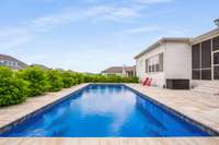 his impressive pool features a gentle slope from 3 feet at the shallow end to 6 feet at the deep end, with a slip-resistant surface for added safety and comfort