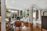 There are rift-sawn oak floors downstairs along with a laser-etched inlaid medallion at the front entry and inlaid floor medallion in the dining room.