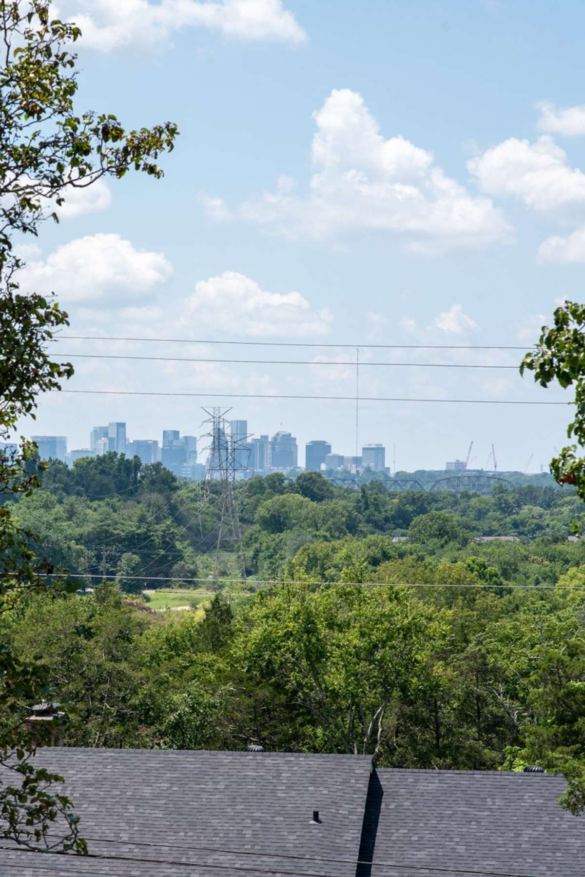 Beautiful view of the Nashville skyline from the front door—enjoy cityscape vistas framed by lush trees and greenery right outside your door.
