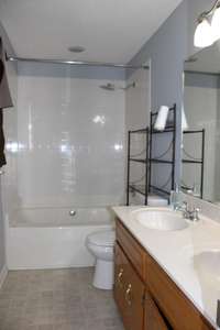 Primary bathroom with double vanities, soaking tub/shower combo