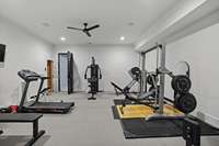 Large home gym located in the basement