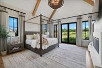 The Primary suite boasts natural hardwoods, soaring ceiling with wood beam detail and sliding doors to a private sitting area outside
