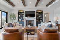 Arcustone fireplace mantel surround, gas fireplace with grand log set and remote.