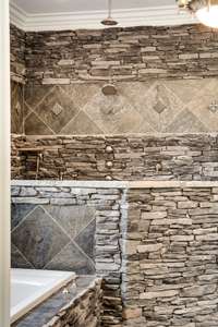 Luxurious master bath with custom stonework, featuring a spa-style walk-in shower with dual rainfall showerheads and an elegant soaking tub.