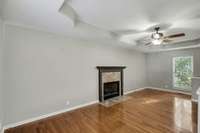 Den with beautiful hardwood, trey ceiling, build in bookshelf and gas fireplace.