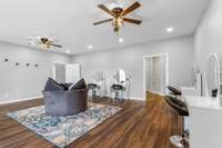 So many wonderful stories begin here... Another view of just how large this room is... peak into the bathroom.