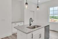 Notice the additional serving area across from large kitchen island and the door leads to a convenient pantry for additional storage.