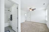 Love the gray floor tile and the Craftsman style doors!