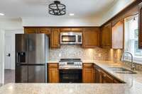 Stainless appliances, view to the backyard