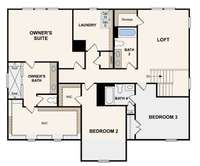 Second Floor Layout of the Hibiscus Floorplan - Owner's Suite and 2 secondary bedrooms are located upstairs. Laundry is located conveniently upstairs. Great Loft space
