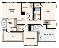 Second Floor Layout - 3 bedrooms and 3 full bathrooms upstairs, plus a Loft. HUGE Owner's Suite Walk in Closet. Laundry conveniently located upstairs.