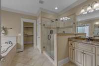 Primary Bath with double vanities, spa tub, huge shower, extra-large walk-in closet, and plenty of counter space. What's not to like!