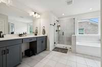 Primary Bathroom with separate garden tub and stand up shower including double vanities