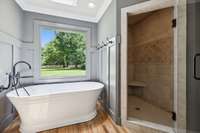 Updated Full Tile Shower with Seat and New Shower Door.