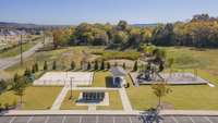 View of the Splash Pad, Mailboxes, Playground, and Gazebo