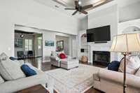 Built-in charm: custom bookcases and a gas fireplace