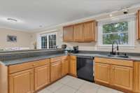 A view of Kitchen looking over Bar into Dining area.