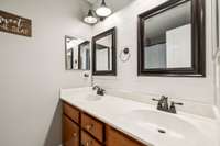 The third full bathroom features double vanities, a shiplap accent wall and a combo shower/tub! 2819 Silver Springs Ct   Murfreesboro, TN 37128