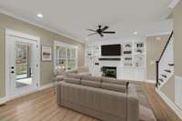 Large Great Room that leads into Kitchen Virtually staged