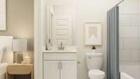 Second bedroom features private en suite bath. These are artist's renderings of staged rooms, not actual home listed.