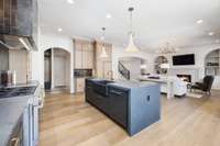 Open kitchen designed w/ the modern chef in mind. Functional workspaces make meal prep a pleasure rather than a chore. Ample counter space for chopping, mixing & assembling ingredients & spacious island offers additional area for serving & dining.