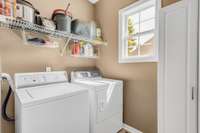 The laundry room, located next to the kitchen, has a storage cabinet and wire shelves to keep you organized.  *Washer and dryer do not remain*