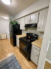Efficient Galley Style Kitchen w/ Stove, Frig and Dishwasher. New LED Lighting and Painted in Sherwin Williams "Mindful Gray".