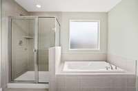 Picture of model home.  Colors and selections may vary.  Picture showing the optional Tile shower and tub that can be built on this home.