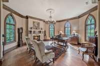Office in the turret on the second floor with arched windows