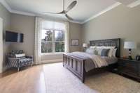 Bright and comfortable bedroom with large windows, tray ceiling, and plenty of space for relaxation or guests.