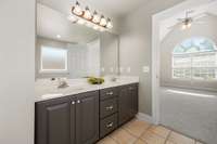 Nice painted vanity with double bowls.