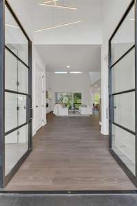 The homes magnificent entrance with iron and glass doors and cathedral ceilings
