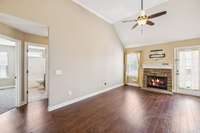 Allow the gas log fireplace to warm the room during those cooler nights or warm the mood while sitting back and enjoying the ambience.