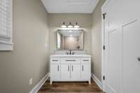 The primary suite bathroom with new vanity, new hardware, new lighting.