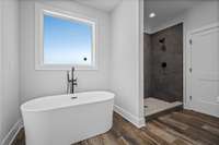 Primary bath with tile shower and soaker tub