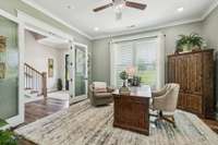 This dedicated office space is located just off the foyer, featuring crown molding, recessed lighting, and a ceiling fan for added comfort. 8385 Lascassas Pike Lascassas, TN 37085