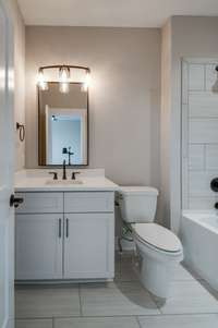 Crisp and clean bathroom with a sleek vanity, modern fixtures, and streamlined design.