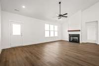Gas fireplace with shiplap.