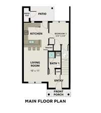 On the main floor, you'll find the open living room & kitchen with a breakfast bar, your 3rd bedroom + the first of 3 full bathrooms.