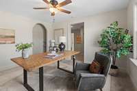 It includes an alcove with built-in shelving.
