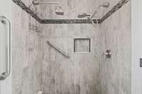 It also has an elegant custom shower with dual shower heads.