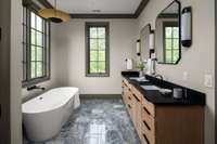Stylish primary bathroom with striking black quartz countertops, double vanities, and a soaking tub—perfect for shared comfort without compromising on space or style.