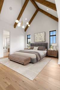 Private primary retreat includes lots of natural light ,a beautiful, vaulted ceiling with beams and sitting area accessible to the main outdoor living area located on the rear of the home for owner’s privacy.